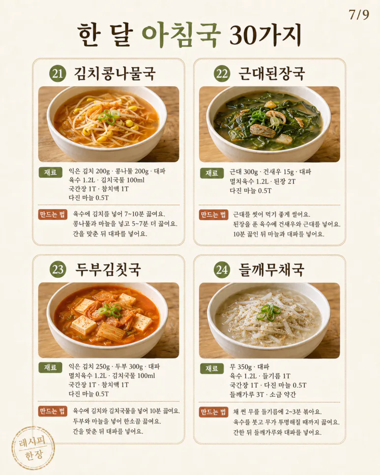 아침국 종류 30가지 — 매일 아침 국 고민, 한 달은 걱정 없어요