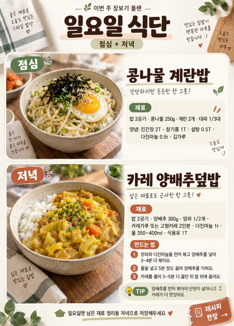 3만원대로 장봤더니 일주일 14끼 나왔어요, 점심·저녁 식단표