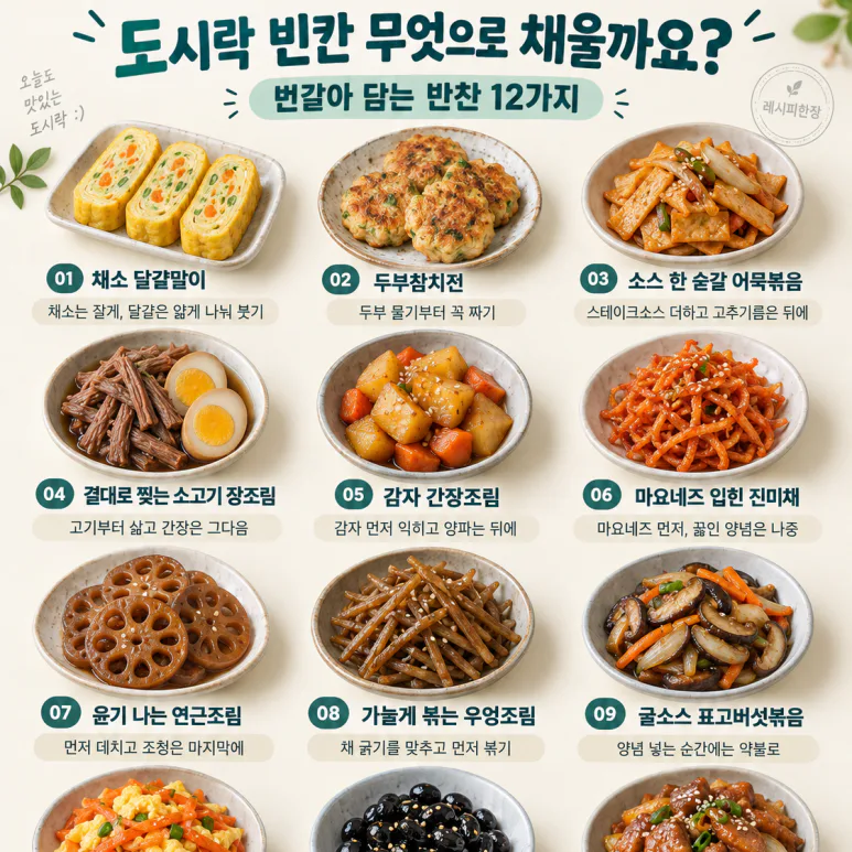 월요일 도시락 반찬, 오늘 골라두세요 — 달걀말이부터 닭불고기까지 12가지