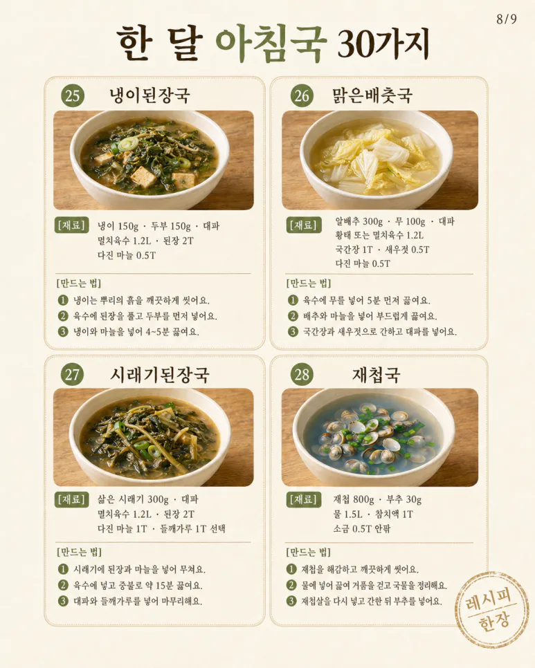 아침국 종류 30가지 — 매일 아침 국 고민, 한 달은 걱정 없어요
