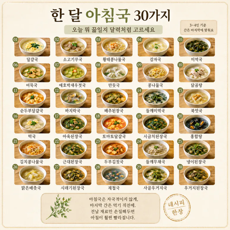 아침국 종류 30가지 — 매일 아침 국 고민, 한 달은 걱정 없어요
