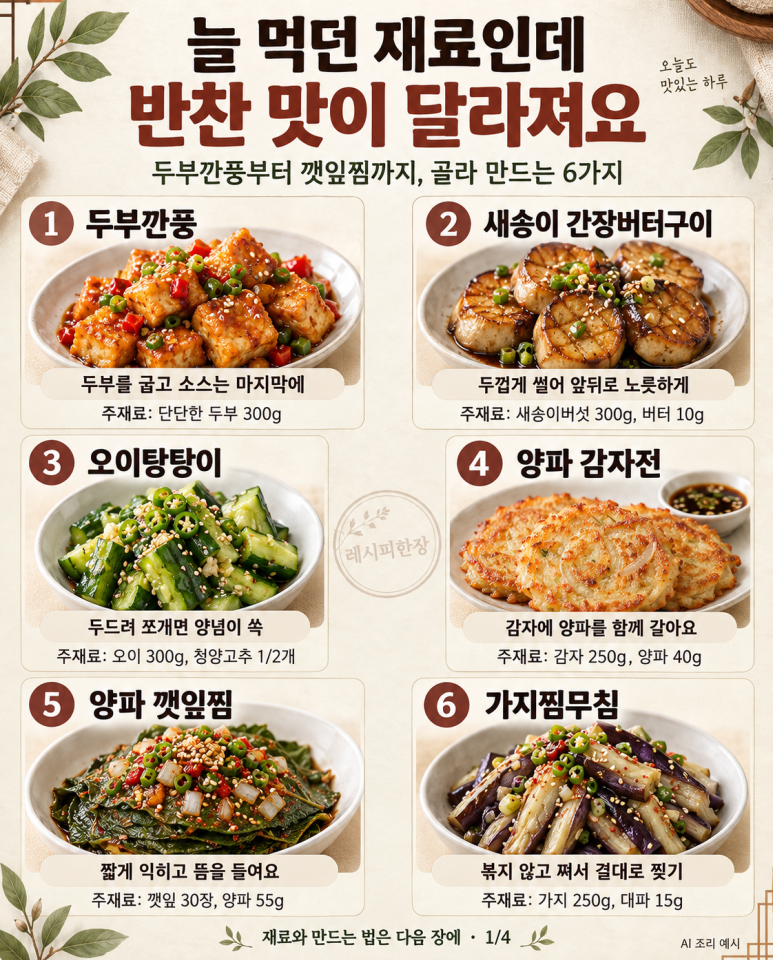 반찬이 맨날 비슷하다면 — 두부깐풍부터 버섯구이까지 6가지