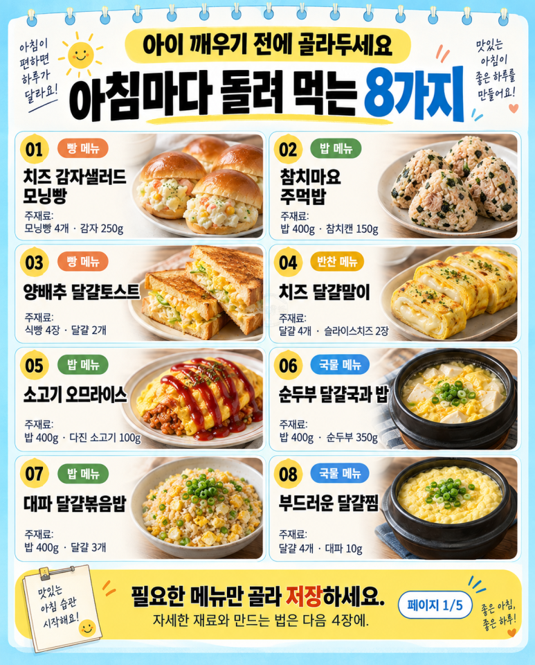 아이 깨우기 전에 골라두세요 — 아침마다 돌려 먹는 8가지