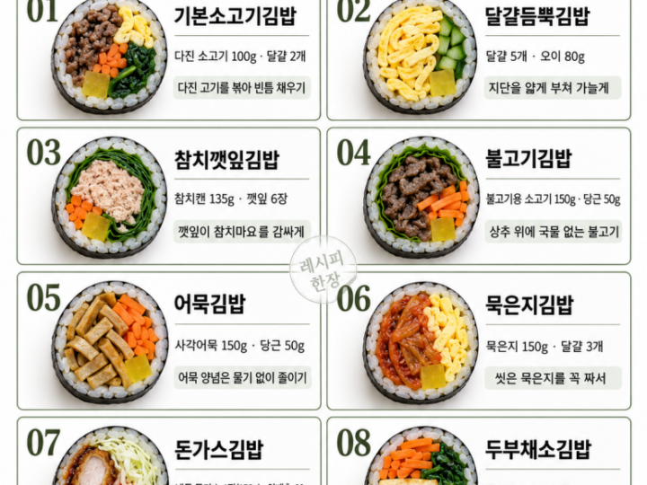 Si el relleno del kimbap fuera siempre el mismo — 8 tipos de kimbap diferentes desde el corte.