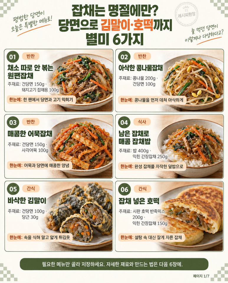 There's still a place to use the dangmyon made for Chuseok jajchae — 6 kinds of jajchae, kimbap, and hoetdeok