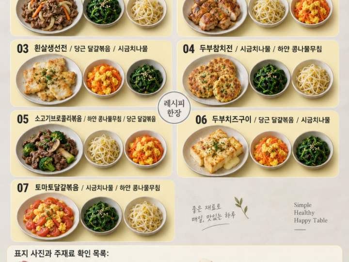 7 sets of dinner tables with three side dishes, selected to match the main dish of the day