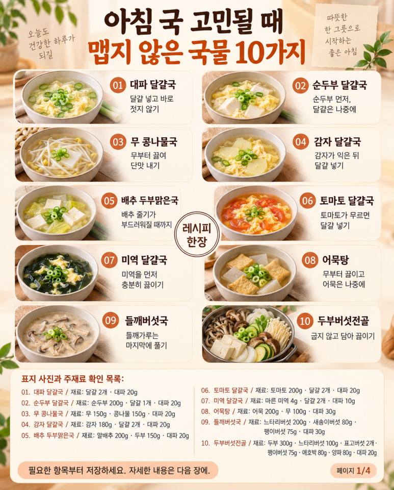국 없으면 허전한 아침맵지 않은 국물요리 10가지