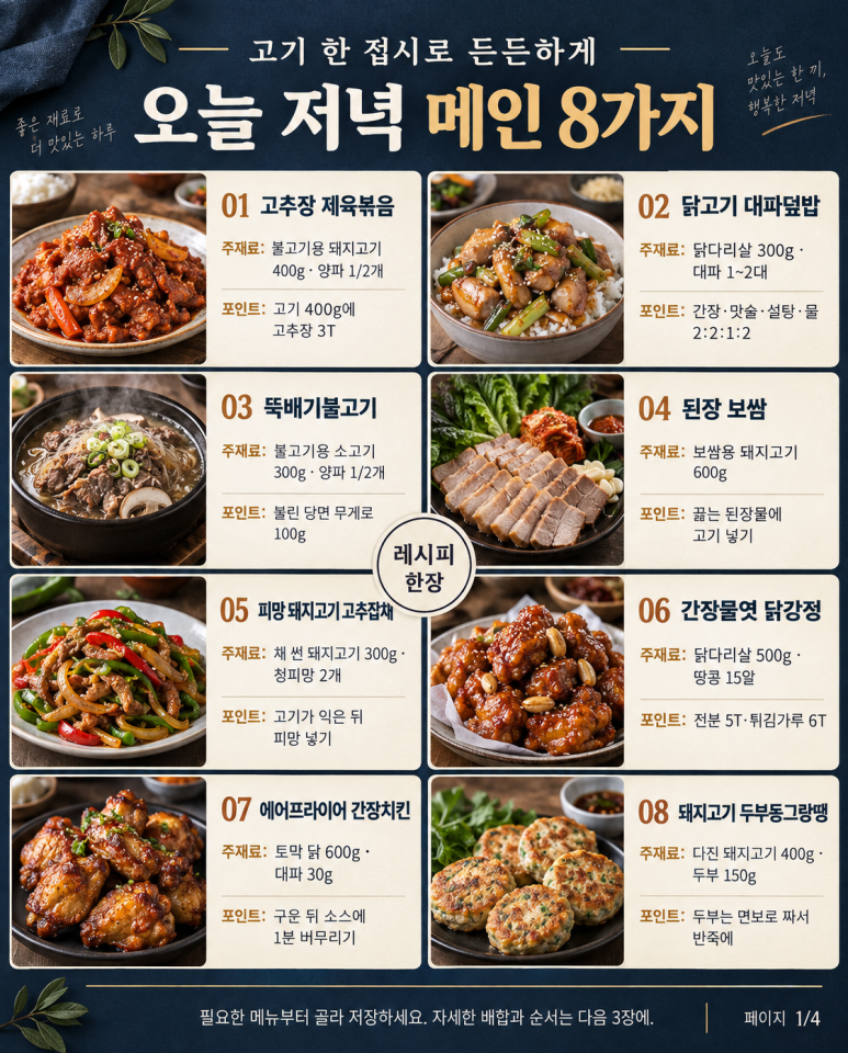 Hoy, 8 platos de carne como plato principal, salteados, fritos y cocidos para servir.