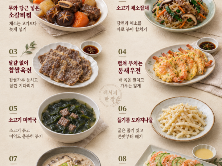 8 Korean dishes to choose for a family table setting: ribs, japchae, and fried meat, a Korean menu to include