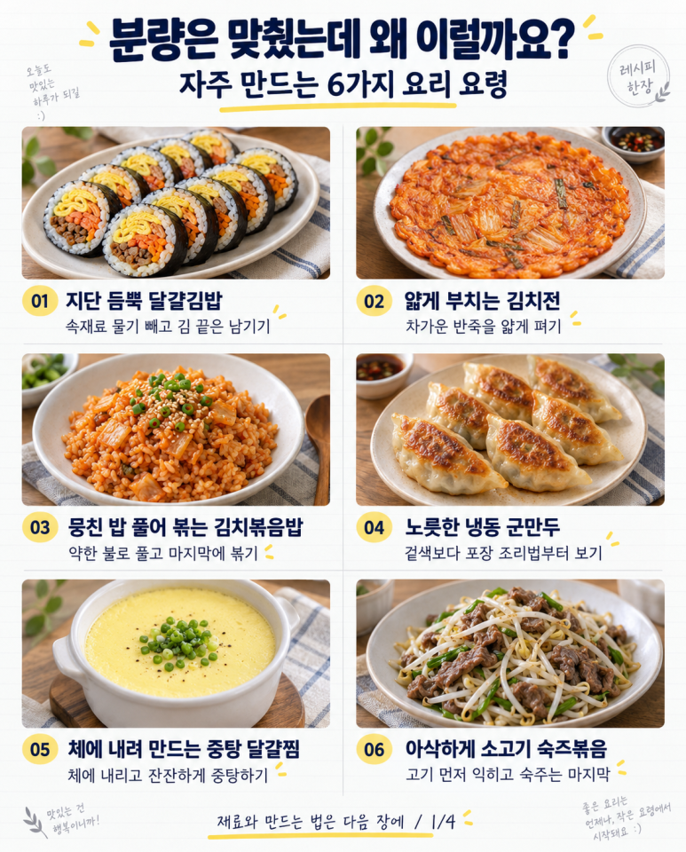 김밥은 터지고 전은 눅눅하다면 — 조리 요점까지 집밥 레시피 6가지