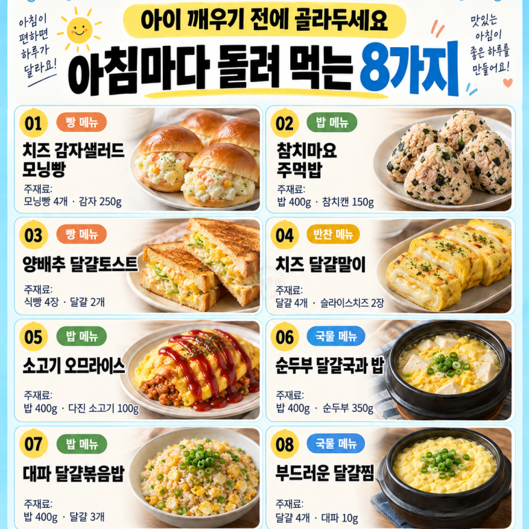 아이 깨우기 전에 골라두세요 — 아침마다 돌려 먹는 8가지