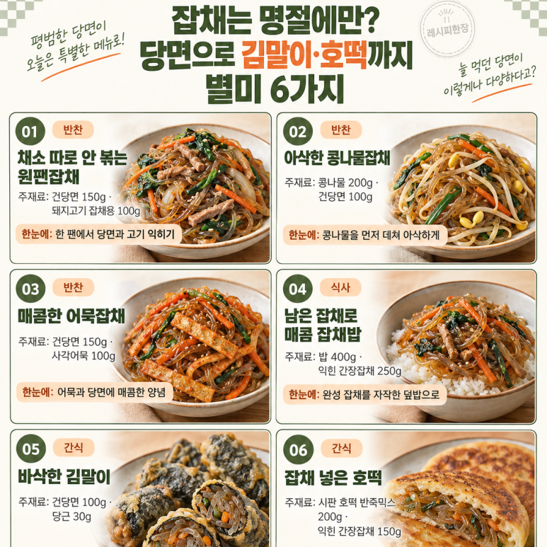 There's still a place to use the dangmyon made for Chuseok jajchae — 6 kinds of jajchae, kimbap, and hoetdeok