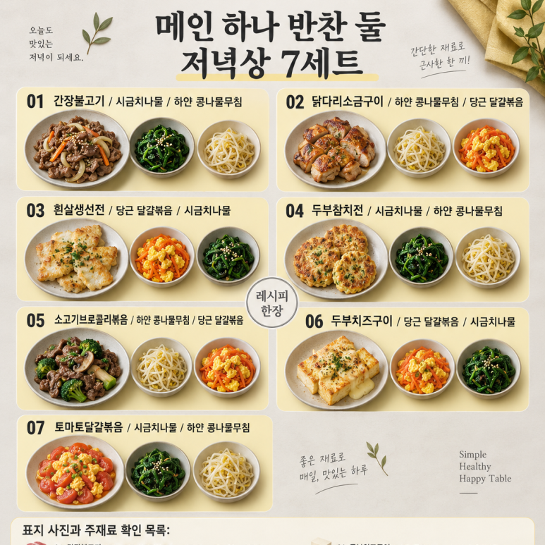 7 sets of dinner tables with three side dishes, selected to match the main dish of the day