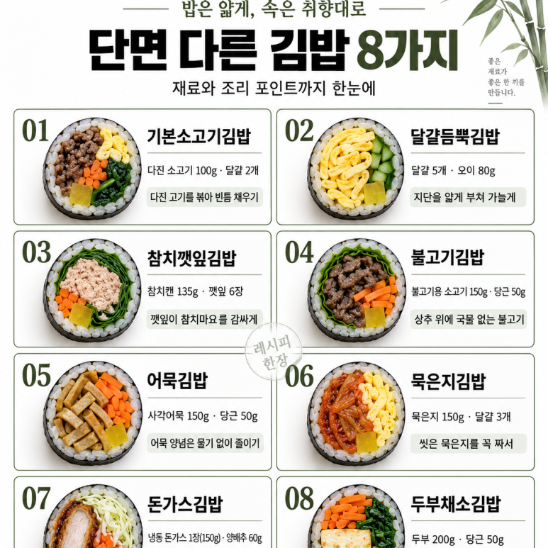 김밥 속이 맨날 똑같다면 — 단면부터 다른 김밥 8가지