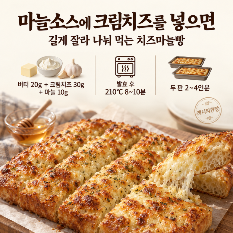 마늘빵 소스에 크림치즈를 넣으면 — 길게 잘라 나눠 먹는 치즈빵