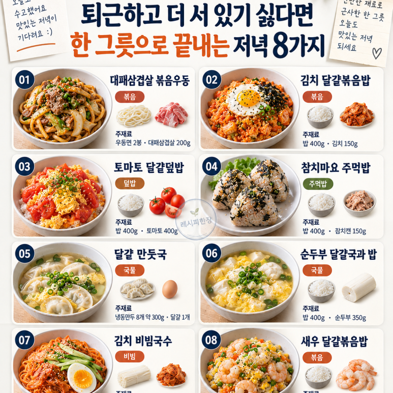 퇴근하고 더 서 있기 싫다면 — 한 그릇으로 끝내는 저녁 8가지