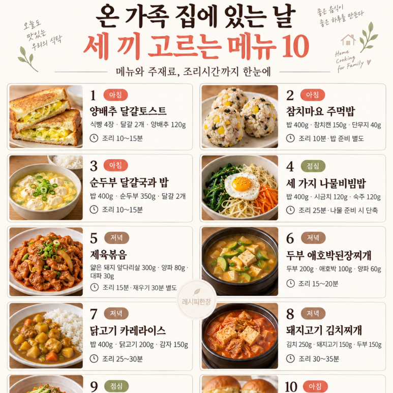 온 가족 집에 있는 일요일, 세 끼 돌려먹는 메뉴 10가지