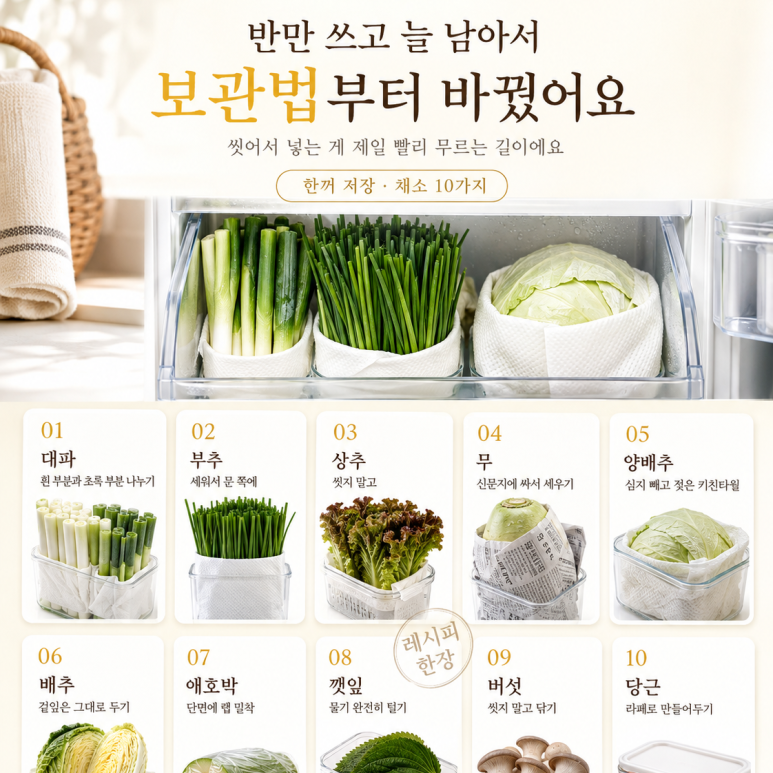 한 봉지 사면 늘 남는 채소 — 끝까지 쓰는 법 10가지(보관법)