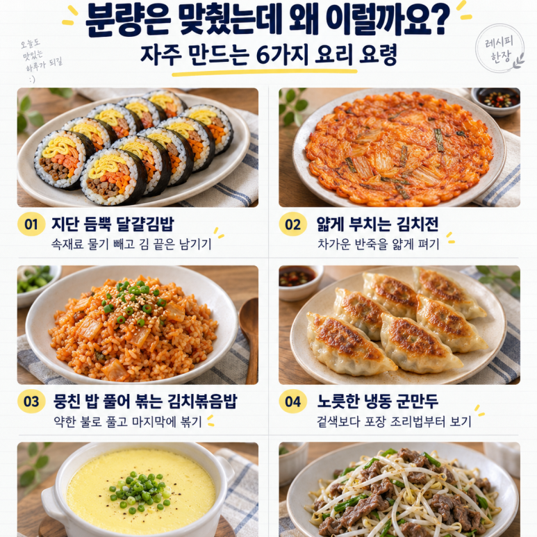김밥은 터지고 전은 눅눅하다면 — 조리 요점까지 집밥 레시피 6가지