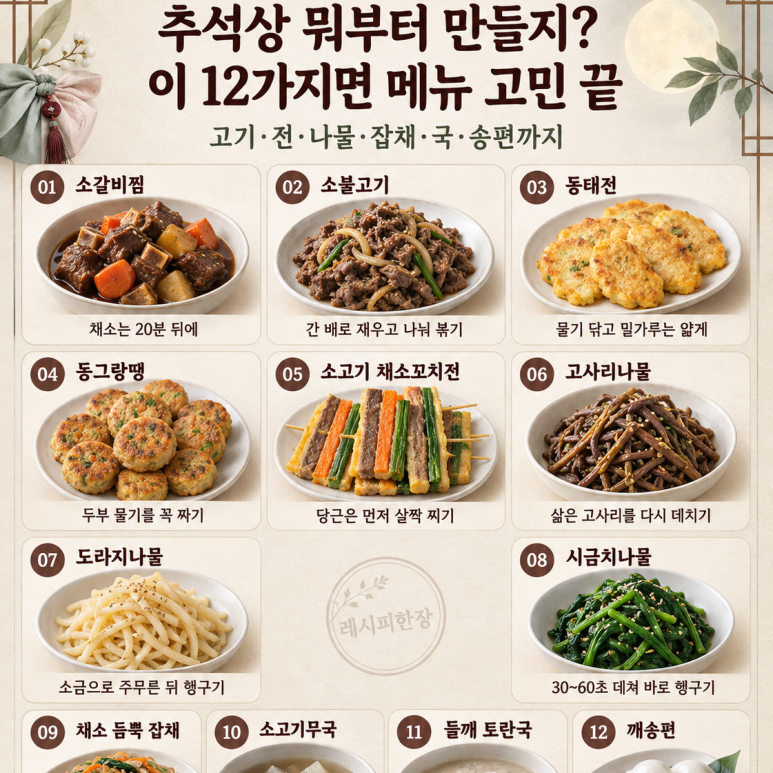 추석 장보기 전 저장하세요 — 갈비찜·전·나물까지 추석 음식 BEST 12
