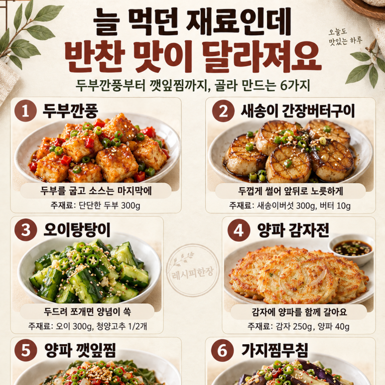 반찬이 맨날 비슷하다면 — 두부깐풍부터 버섯구이까지 6가지