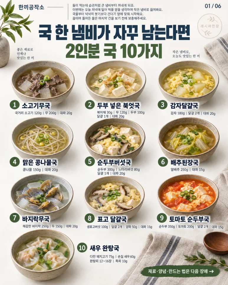 국 한 냄비 끓이면 늘 남죠? 딱 두 그릇만 끓이는 맛있는 국 10가지