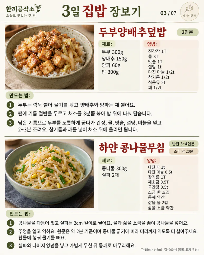 3일 집밥 장보기 — 남김없이 돌려 쓰는 메뉴 12가지