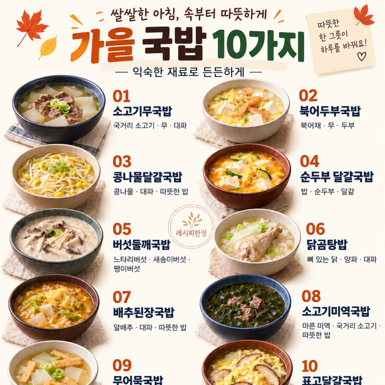 쌀쌀한 아침, 속부터 따뜻하게 가을 국밥 10가지