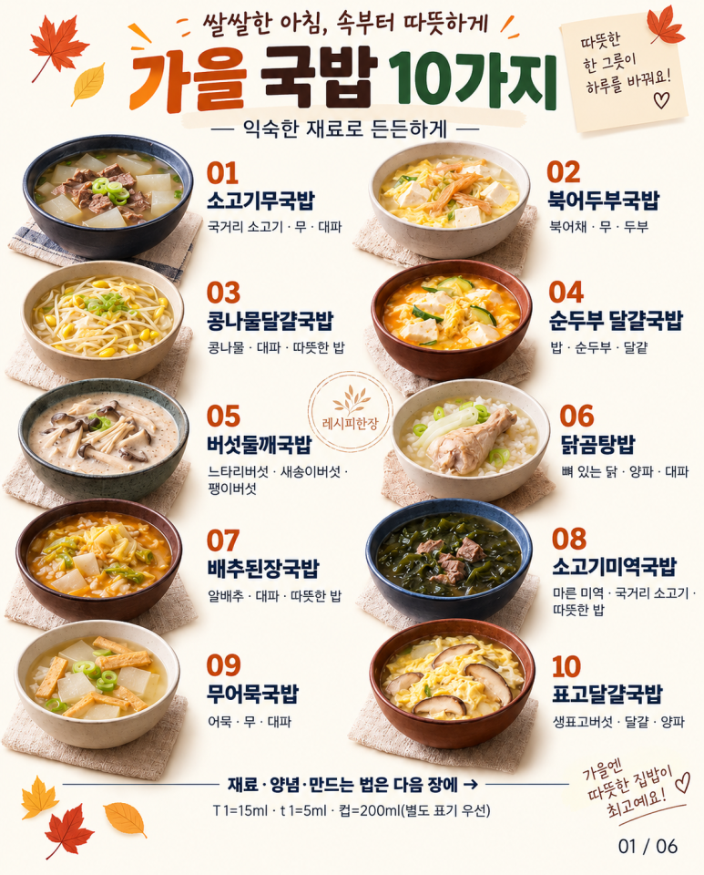 쌀쌀한 아침, 속부터 따뜻하게 가을 국밥 10가지